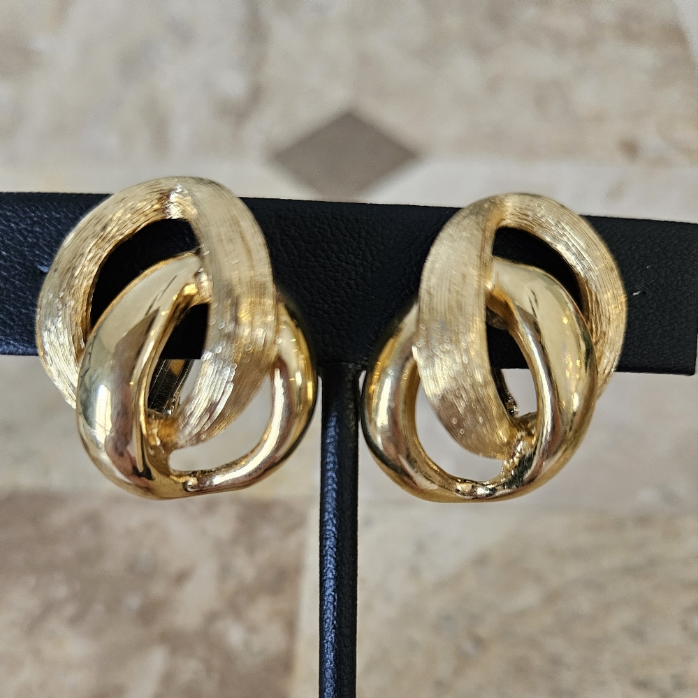 Napier Earrings Loop Gold Tone Screwback Clip Brushed Polished Signed